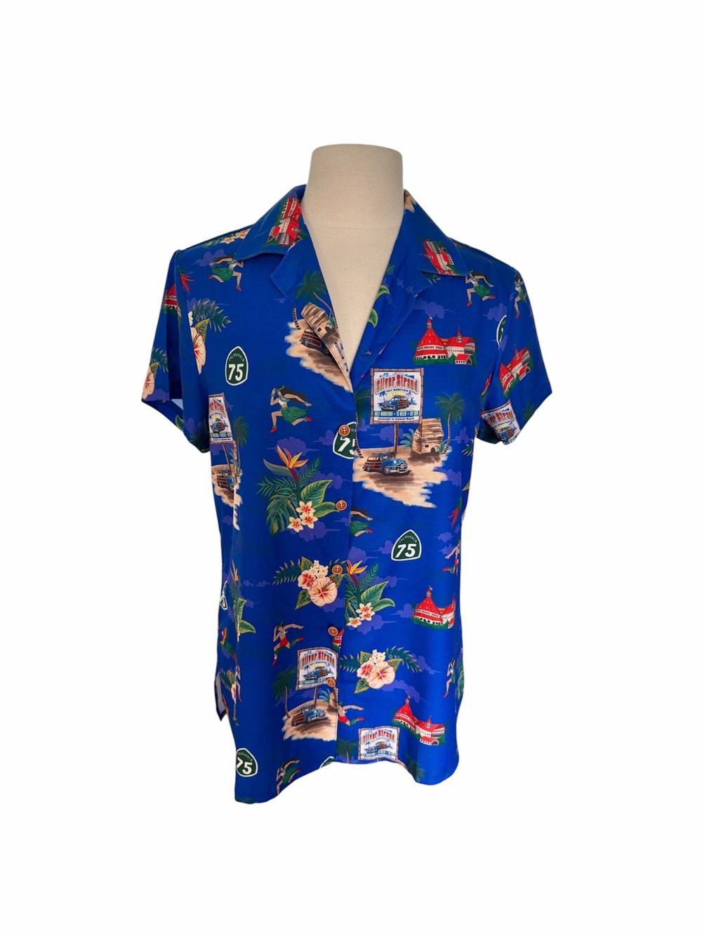 Women’s Blue Tropical Print Short-Sleeve Shirt